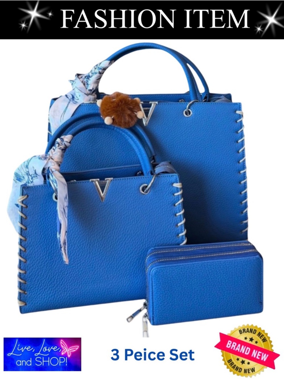 PURSE: 3 Piece Blue & Silver Set: 2 Handbags & 1 Wallet, NWOT